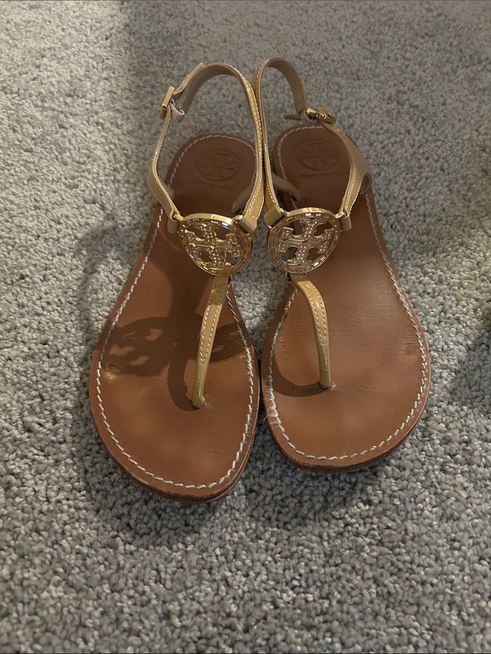 Tory Burch Gold Logo Thong Sandals with Brown Footbed